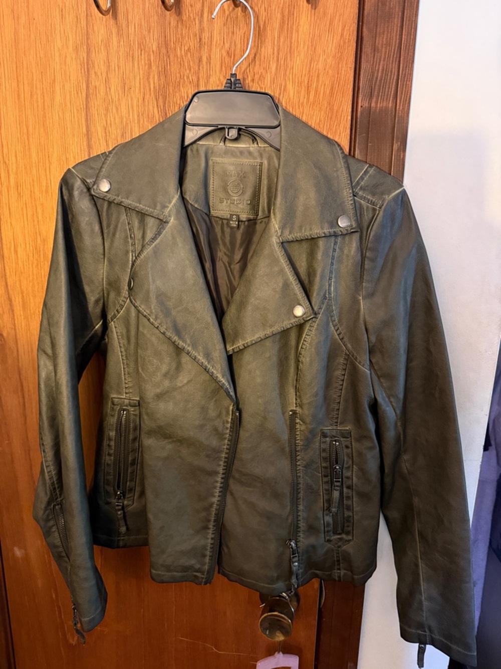 Max Studio Olive Green Faux Leather Moto Jacket